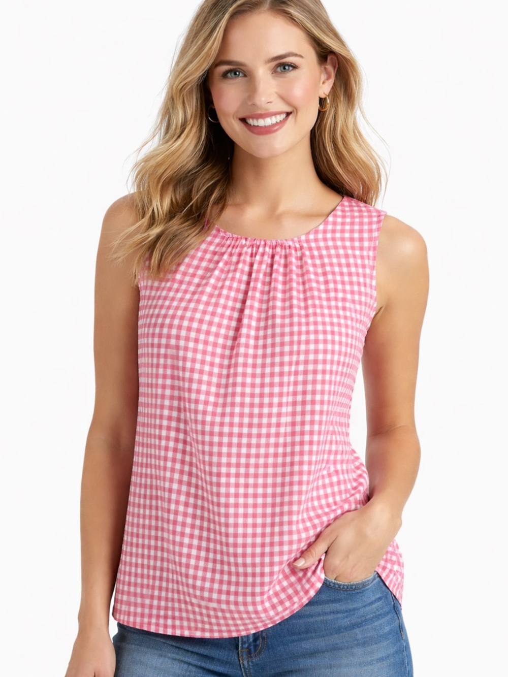 Lands’End summer pink gingham print sleeveless checkered print Tank Top size XS